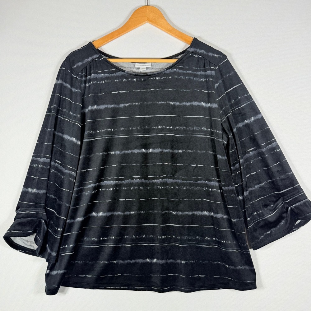 Pure J. Jill Women Black White Tie Dye Stripe Velour 3/4 Sleeve Blouse Top Large